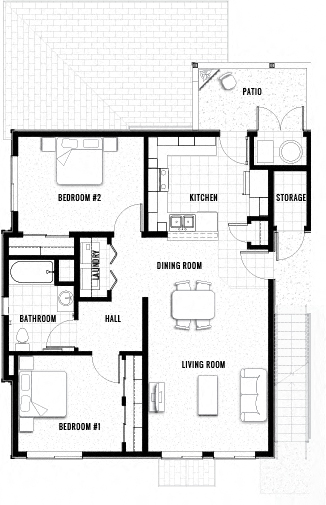 Floor plan for 2 beds, 1 bath, 923 sqft